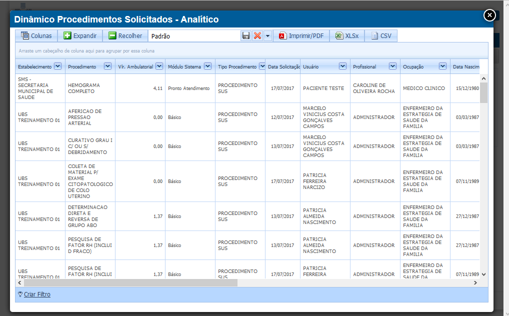Imagem Demonstrativa do Dinâmico de Procedimentos Solicitados Analítico
